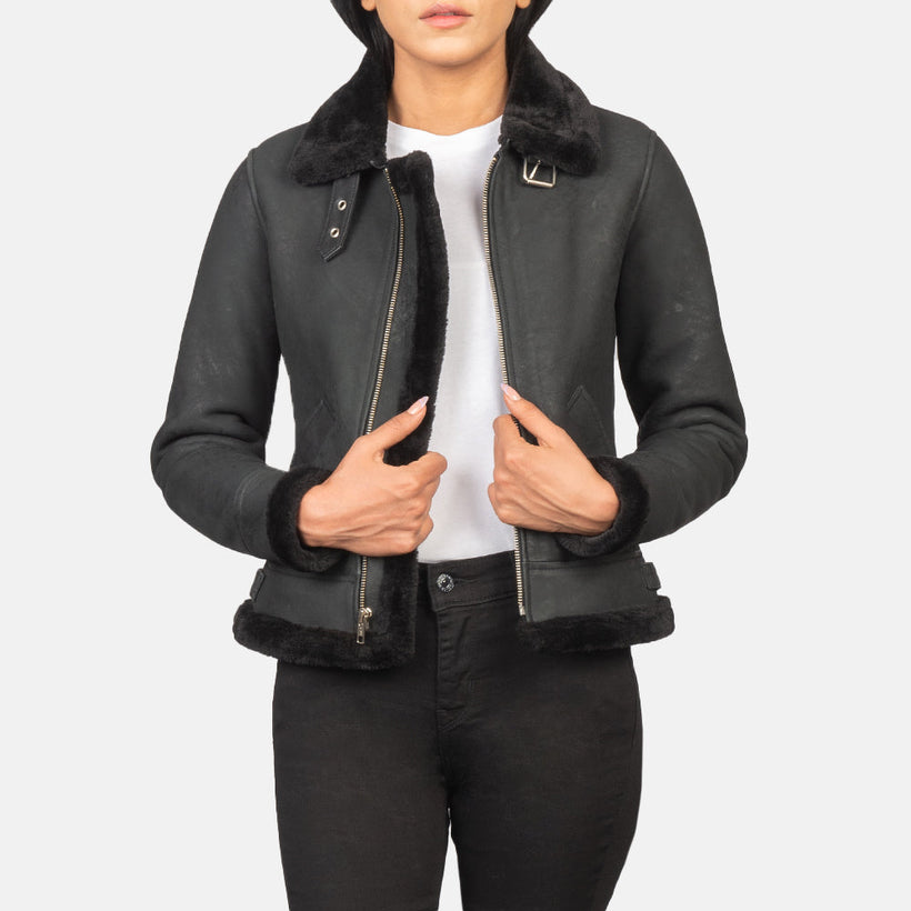 Women's Sherilyn B-3 Distressed Black Leather Bomber Jacket in Distressed Black Sheepskin Snuffed - Front Profile View & Tailored Silhouette | Buy Online