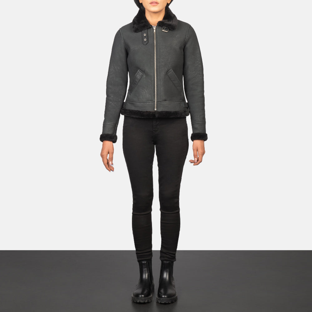 
Women's Sherilyn B-3 Distressed Black Leather Bomber Jacket - Lateral Side Profile View Showing Sleeve Cut & Athletic Taper Fit