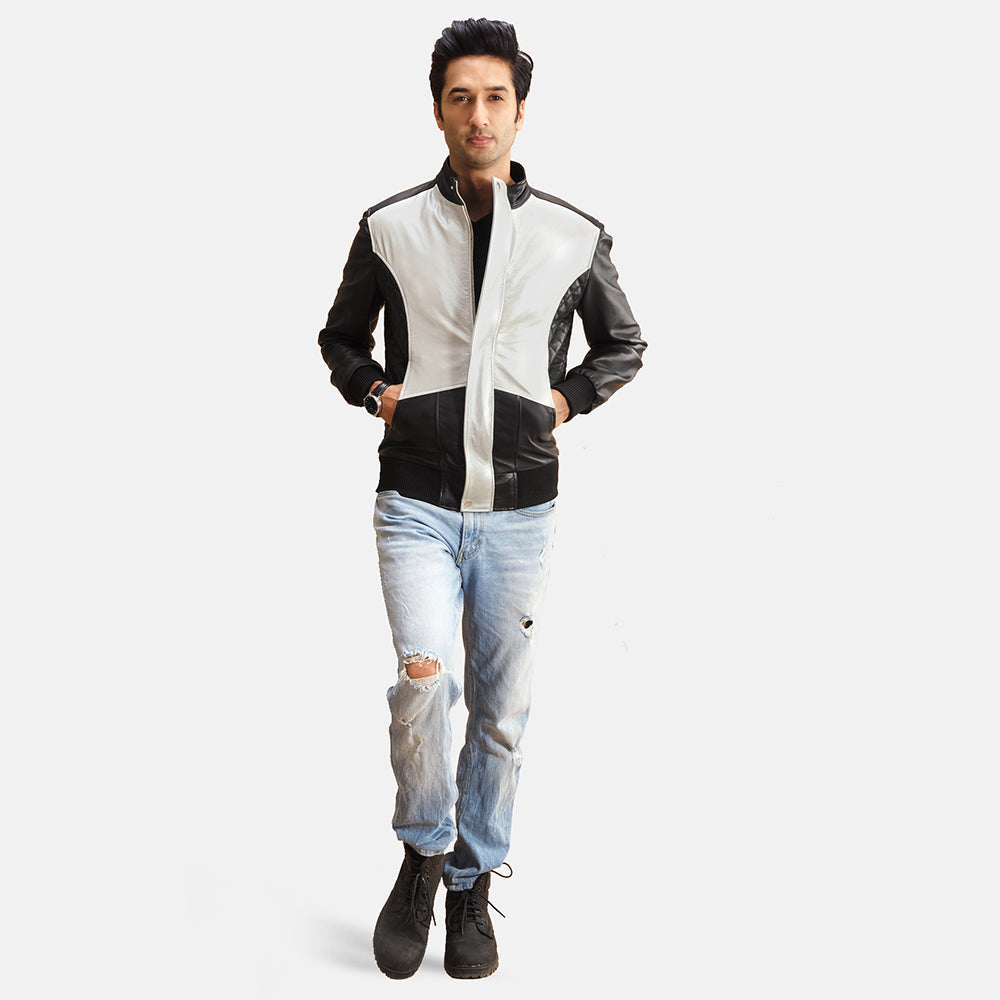 
Close-Up Detail of Band with snap button & Zipper with button flap Hardware on Spade Silver Black Leather Bomber Jacket