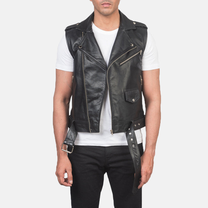 Men's Sullivan Black Leather Biker Vest in Black Cowhide Leather - Front Profile View & Tailored Silhouette | Buy Online