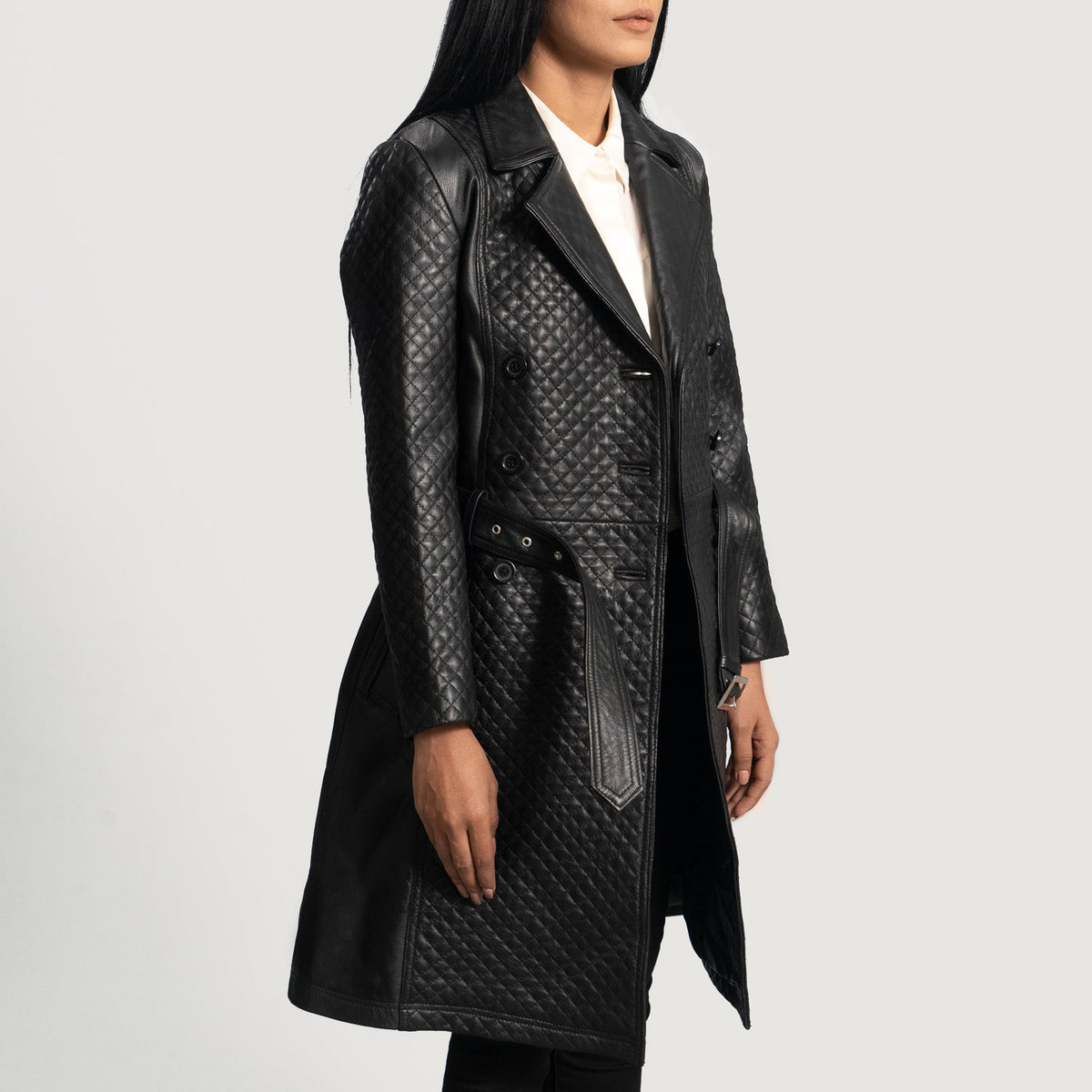 
Black Sheepskin Leather Trench Coat - Back View Showing Tailored Shoulder Fit & Clean Hemline