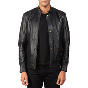 Men's Tea House Black Leather Biker Jacket in Black Sheepskin Leather - Front Profile View &amp; Tailored Silhouette | Buy Online