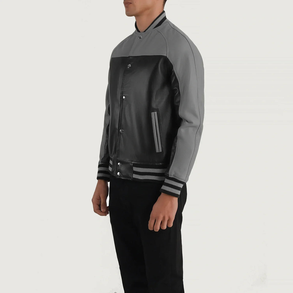 
Black & Red Sheepskin Leather Varsity Jacket - Back View Showing Tailored Shoulder Fit & Clean Hemline