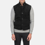 Close-Up Detail of Notch with removable throat latch &amp; Button Hardware on Men's Tony Black Suede Vest
