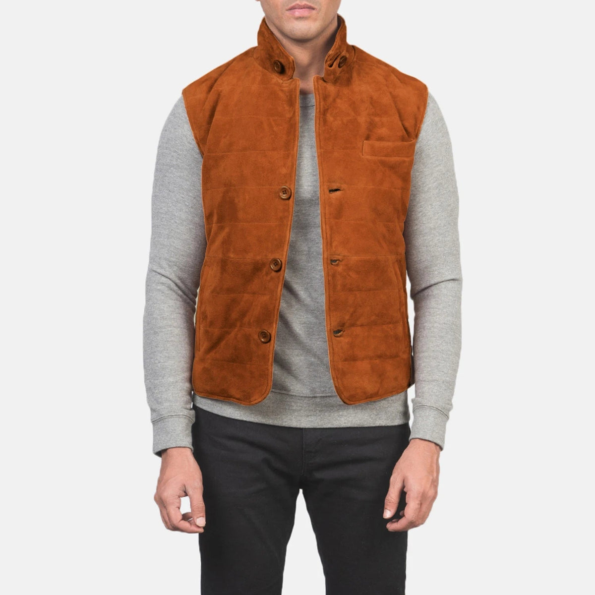 Men's Tony Brown Suede Vest in Brown Goatskin Suede - Front Profile View &amp; Tailored Silhouette | Buy Online