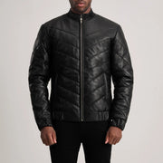 
Close-Up Detail of Classic Collar & Zipper Hardware on Travis Black Leather Puffer Jacket