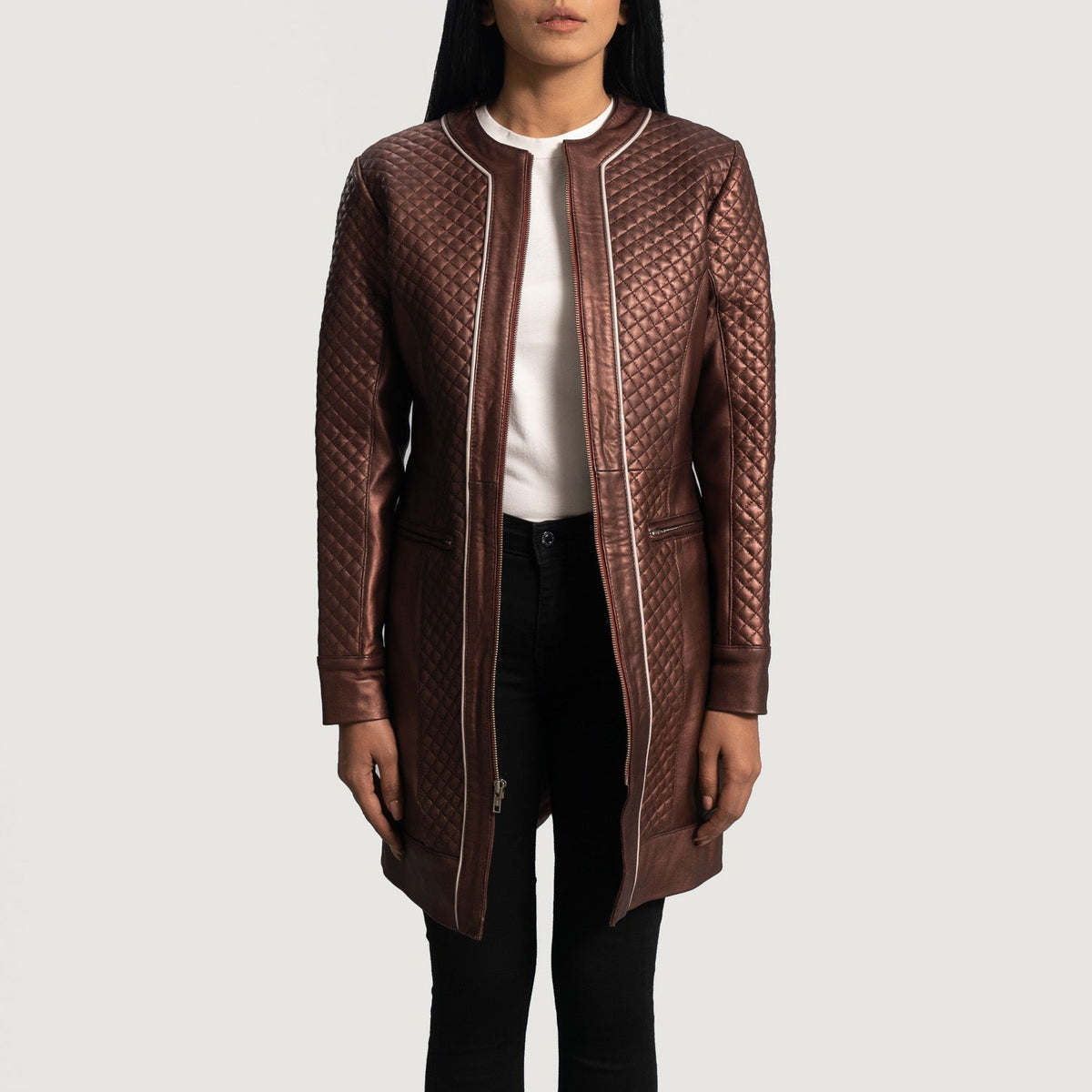 
Women's Trudy Lane Quilted Maroon Leather Coat in Maroon Sheepskin Leather - Front Profile View & Tailored Silhouette | Buy Online