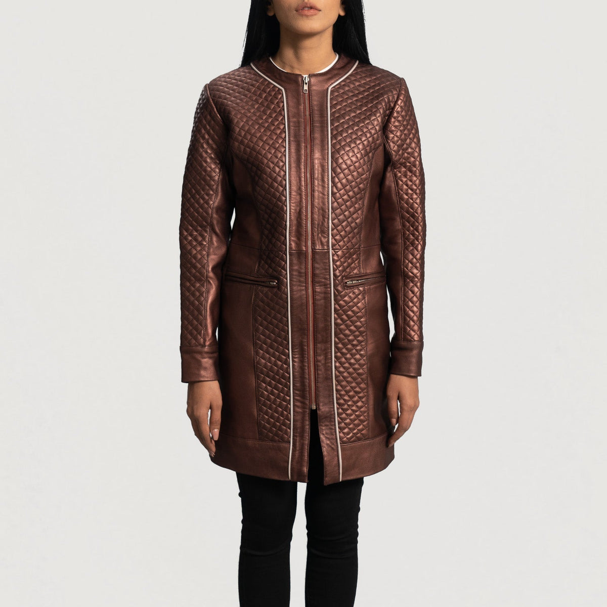 Close-Up Detail of Classic Collar & Zipper Hardware on Women's Trudy Lane Quilted Maroon Leather Coat
