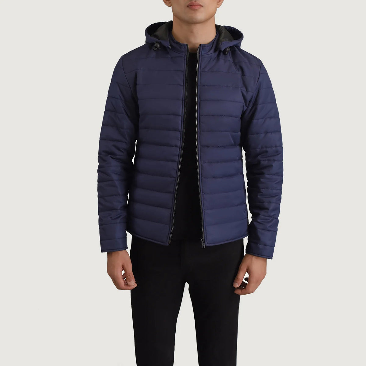 Tyler Blue Hooded Puffer Jacket in Blue Full-Grain Leather - Front Profile View &amp; Tailored Silhouette | Buy Online