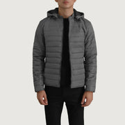 Tyler Grey Hooded Puffer Jacket in Grey Full-Grain Leather - Front Profile View &amp; Tailored Silhouette | Buy Online