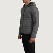 Grey Full-Grain Leather Hooded Jacket - Back View Showing Tailored Shoulder Fit &amp; Clean Hemline