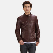Urbane Quilted Maroon Leather Biker Jacket in Maroon Sheepskin Leather - Front Profile View &amp; Tailored Silhouette | Buy Online