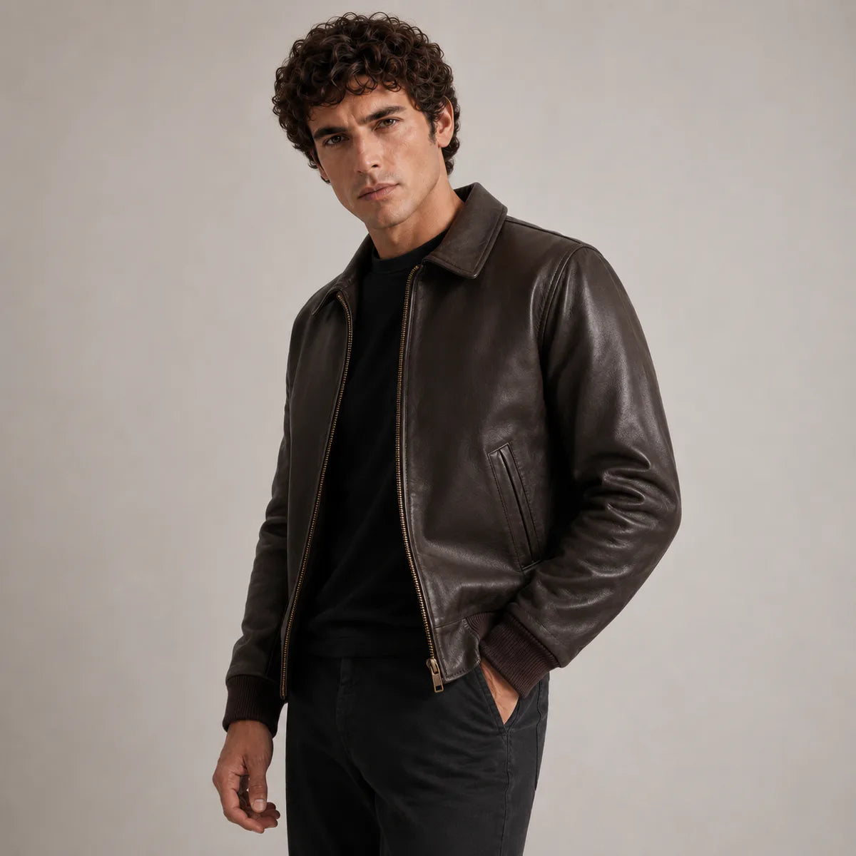
Dark Brown Authentic Sheepskin &Amp; Shearling Bomber Jacket - Back View Showing Tailored Shoulder Fit & Clean Hemline