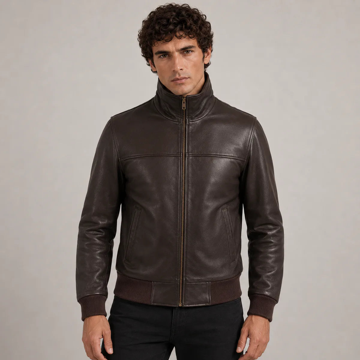 
Dark Brown Sheepskin Leather Bomber Jacket in Dark Brown Authentic Sheepskin &Amp; Shearling - Front Profile View & Tailored Silhouette | Buy Online