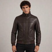 
Dark Brown Sheepskin Leather Bomber Jacket in Dark Brown Authentic Sheepskin &Amp; Shearling - Front Profile View & Tailored Silhouette | Buy Online