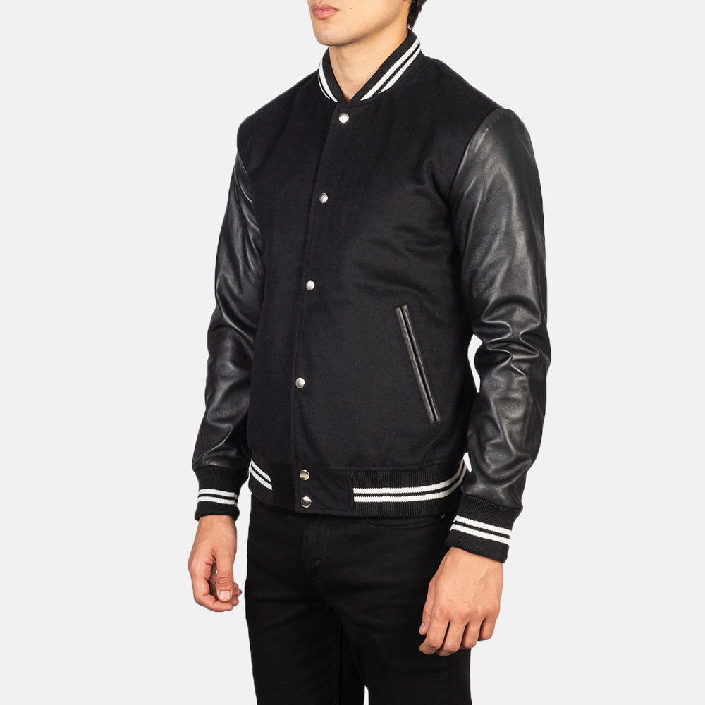 
Black Sheepskin Leather Varsity Jacket - Back View Showing Tailored Shoulder Fit & Clean Hemline