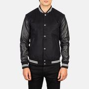 
Close-Up Detail of Varsity & Snap Buttons Hardware on Men's Vaxton Black Striped Hybrid Varsity Jacket