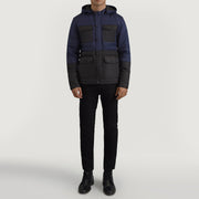
Wayne Black & Blue Hooded Puffer Jacket - Lateral Side Profile View Showing Sleeve Cut & Athletic Taper Fit