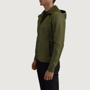 
Green Full-Grain Leather Hooded Jacket - Back View Showing Tailored Shoulder Fit & Clean Hemline