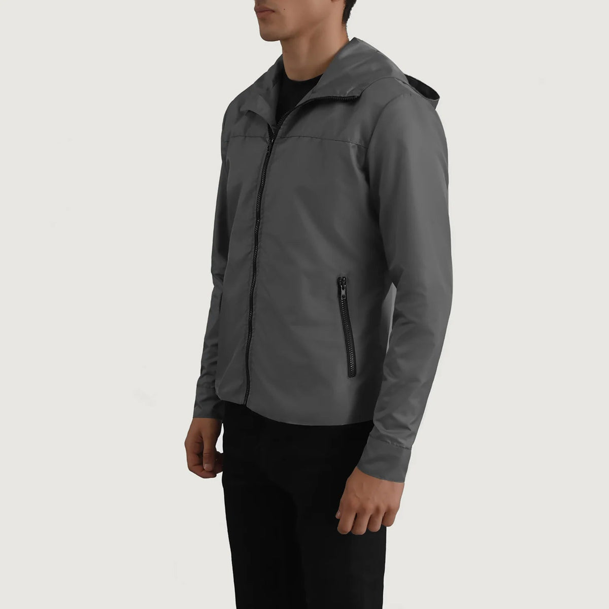 
Grey Full-Grain Leather Hooded Jacket - Back View Showing Tailored Shoulder Fit & Clean Hemline