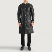 Wilde Black Leather Varsity Coat in Black Sheepskin Leather - Front Profile View &amp; Tailored Silhouette | Buy Online