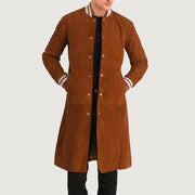 Wilde Brown Suede Varsity Coat in Tan Bown Goatskin Suede - Front Profile View &amp; Tailored Silhouette | Buy Online
