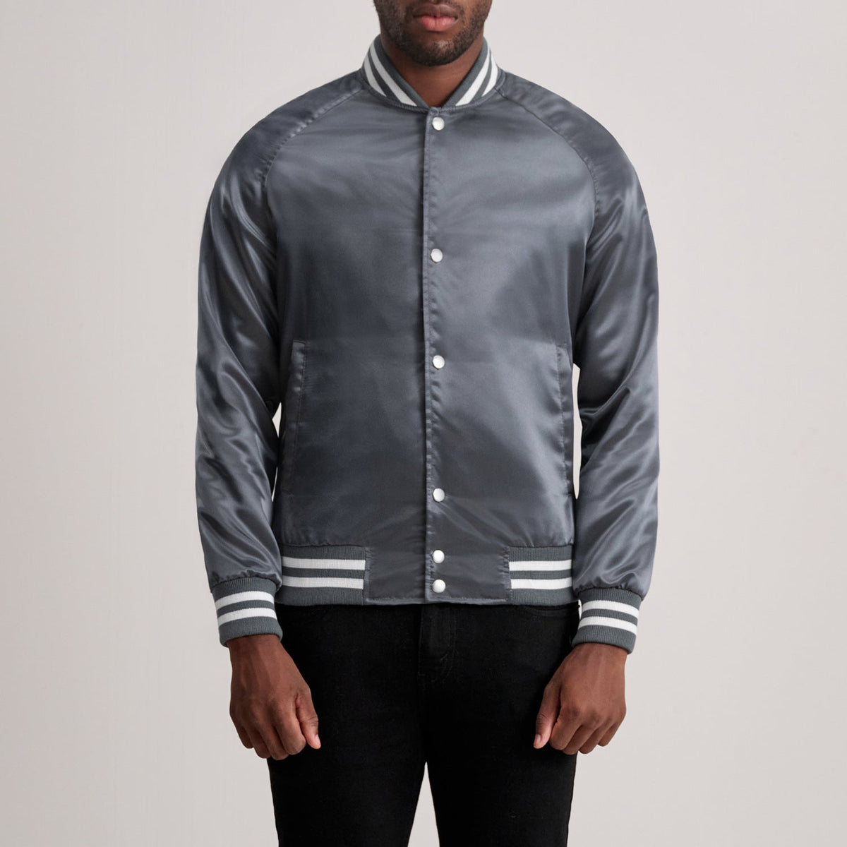 
Xander Grey Varsity Jacket in Grey Satin - Front Profile View & Tailored Silhouette | Buy Online