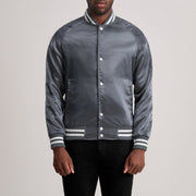 
Xander Grey Varsity Jacket in Grey Satin - Front Profile View & Tailored Silhouette | Buy Online