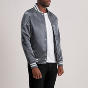 
Grey Satin Varsity Jacket - Back View Showing Tailored Shoulder Fit & Clean Hemline