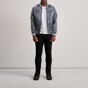 
Close-Up Detail of Varsity & Button Hardware on Xander Grey Varsity Jacket