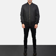 Men's Zack Black Bomber Jacket - Lateral Side Profile View Showing Sleeve Cut &amp; Athletic Taper Fit